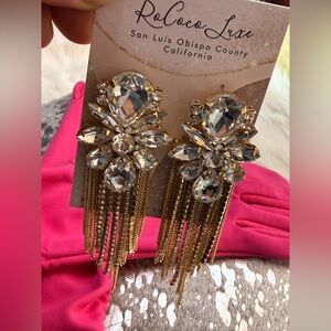 Chandelier Earrings large long Gold & Crystal look - Fringe costume prom Tassel
